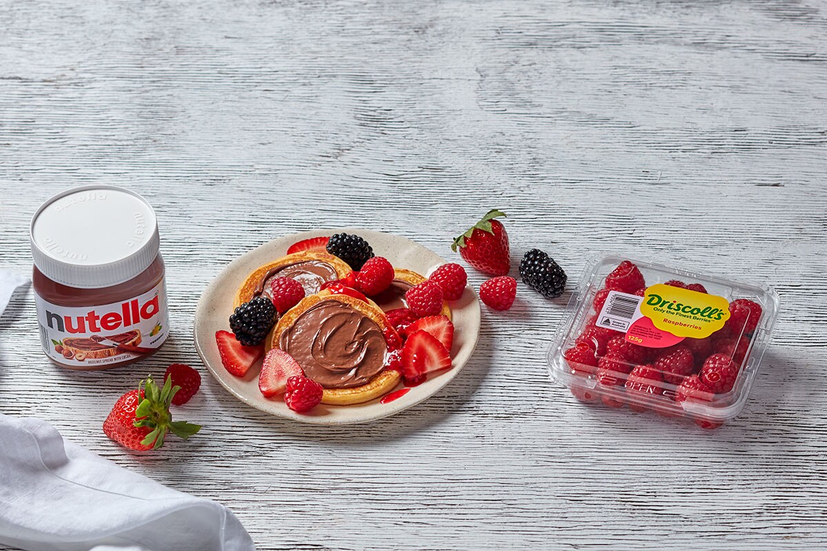 Ricotta Pancakes with Nutella<sup>®</sup> and Driscoll's<sup>®</sup> Raspberry Coulis