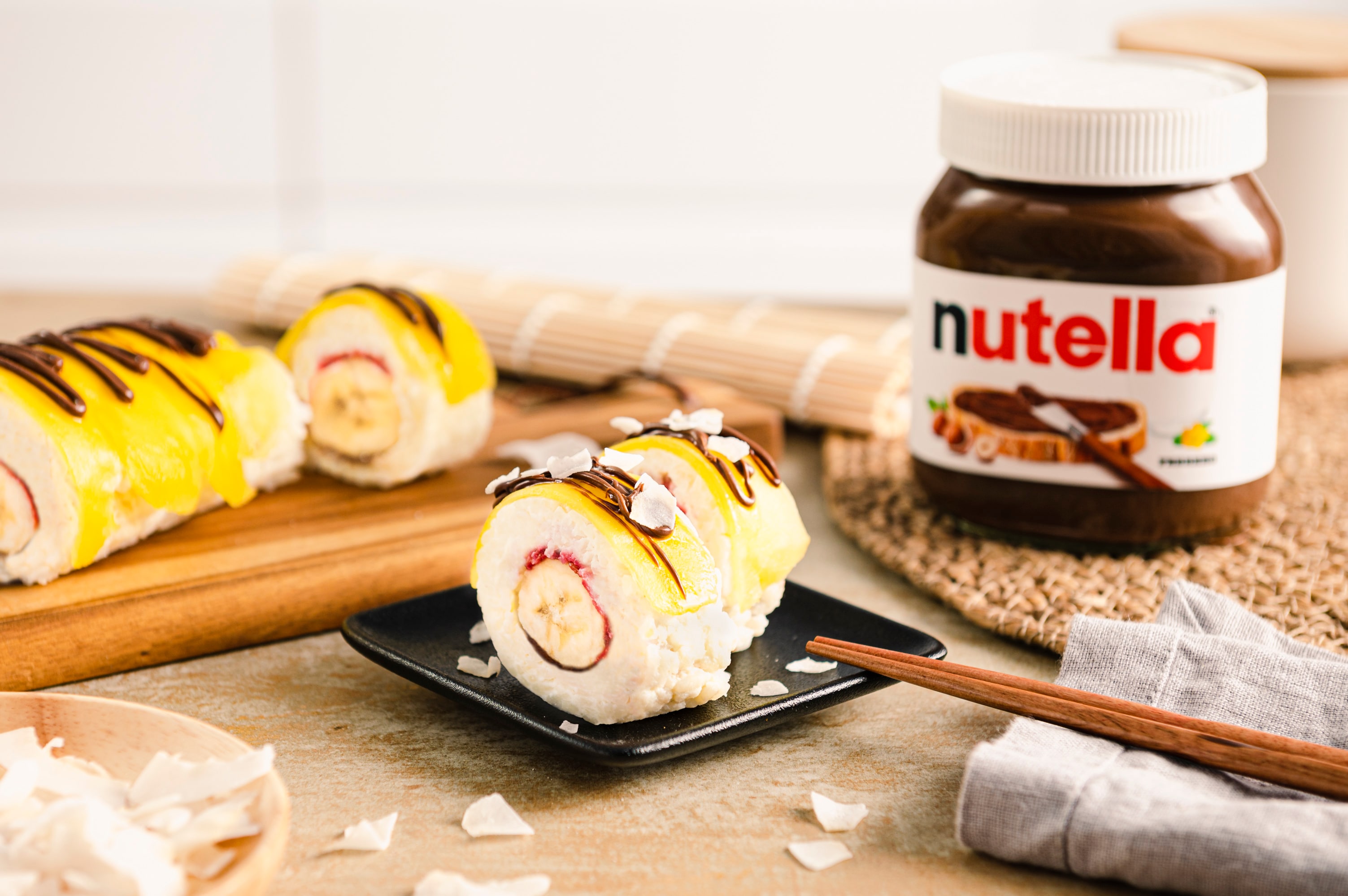 Mango-Milchreis-Sushi mit Bananen-Kokos und nutella® 