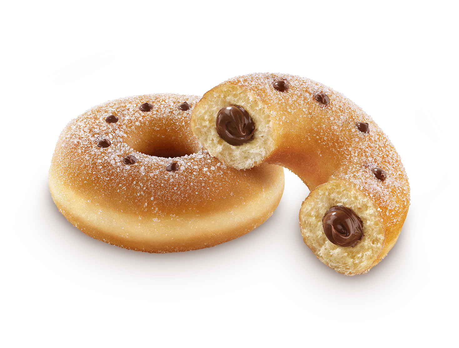 Donut mit Nutella-Glasur und Füllung, Nahaufnahme auf hellem Hintergrund.