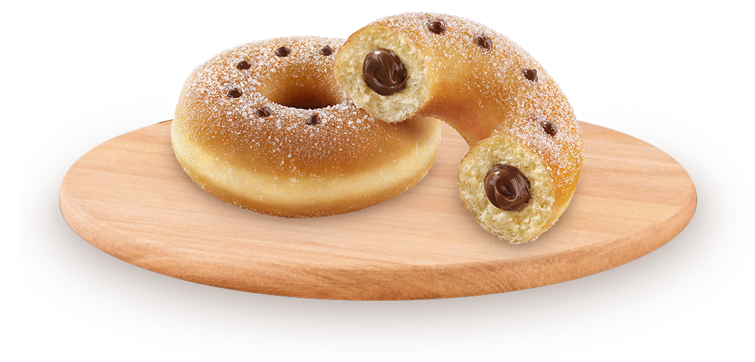 Zwei Donuts mit Nutella-Glasur nebeneinander, Nahaufnahme auf hellem Hintergrund.