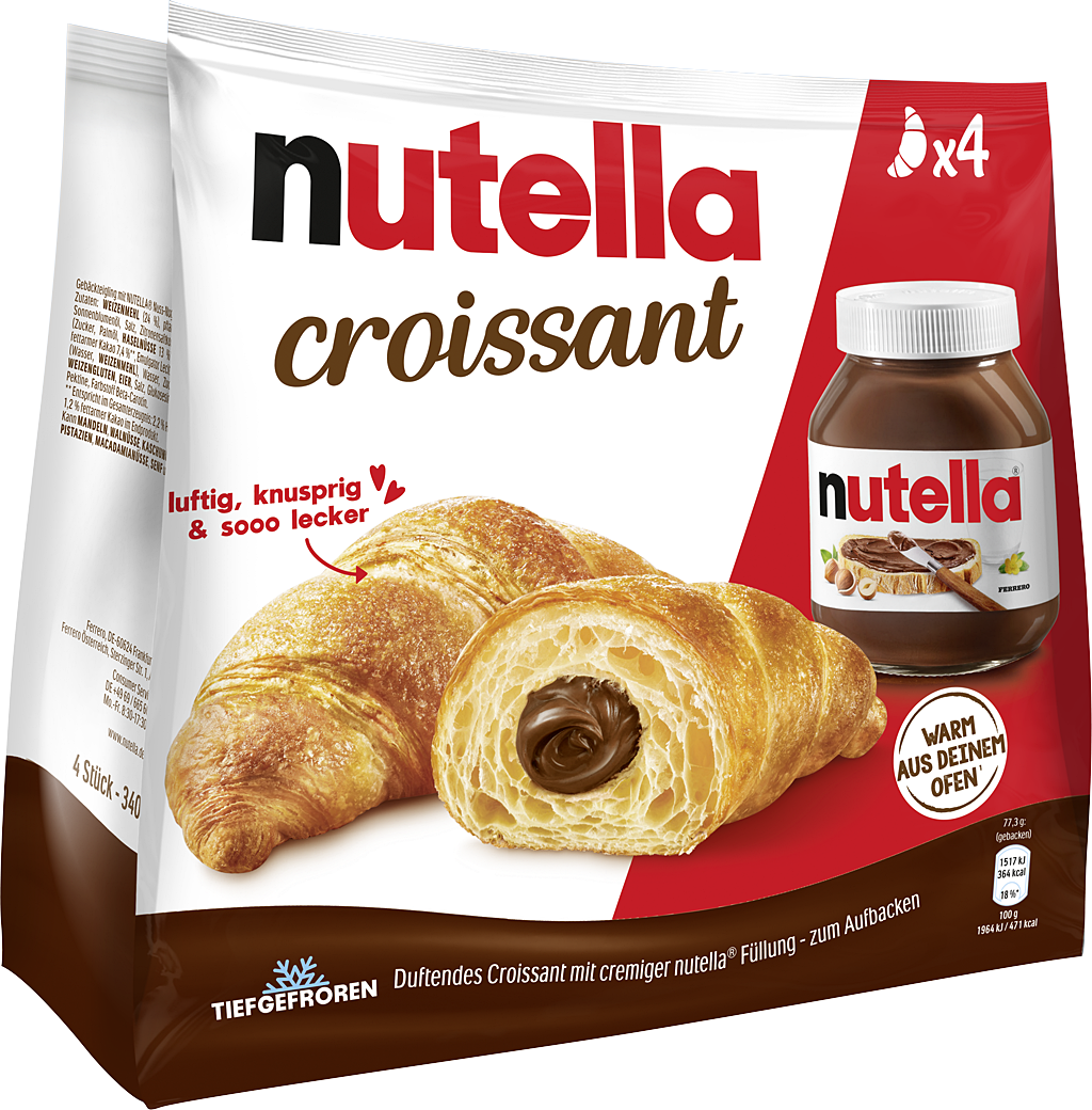Verpackung für Nutella-Croissant-Beutel, Vorderansicht mit Produktabbildung auf weißem Hintergrund.