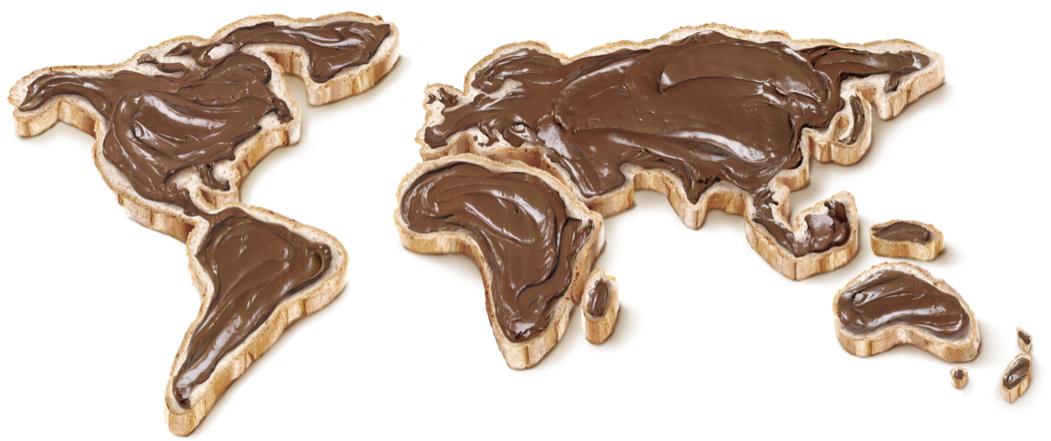 Bild einer zweiteiligen Weltkarte aus Brot, mit Kontinenten gefüllt mit Nutella