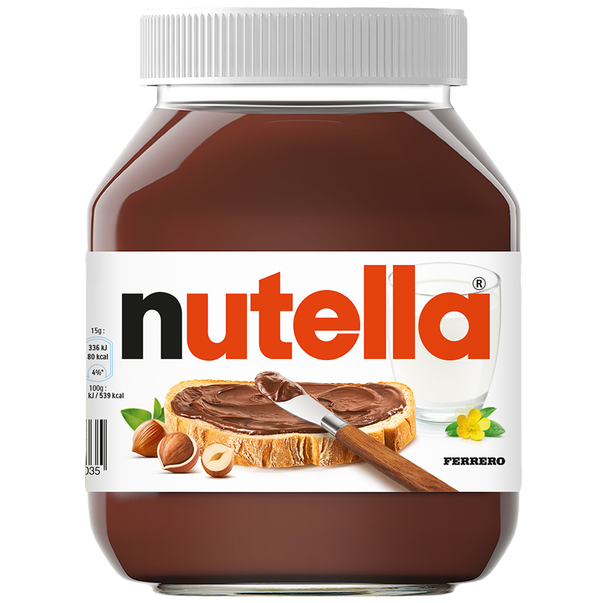 Pot de Nutella 1 kg sur fond blanc, étiquette rouge et blanche.