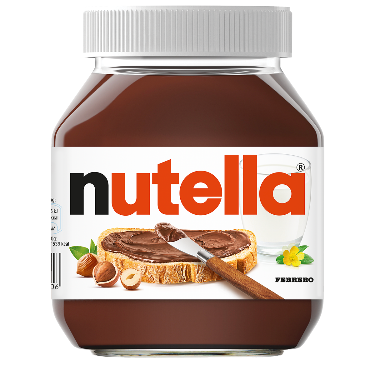 Pot de Nutella 750 g isolé sur fond blanc, étiquette lisible.