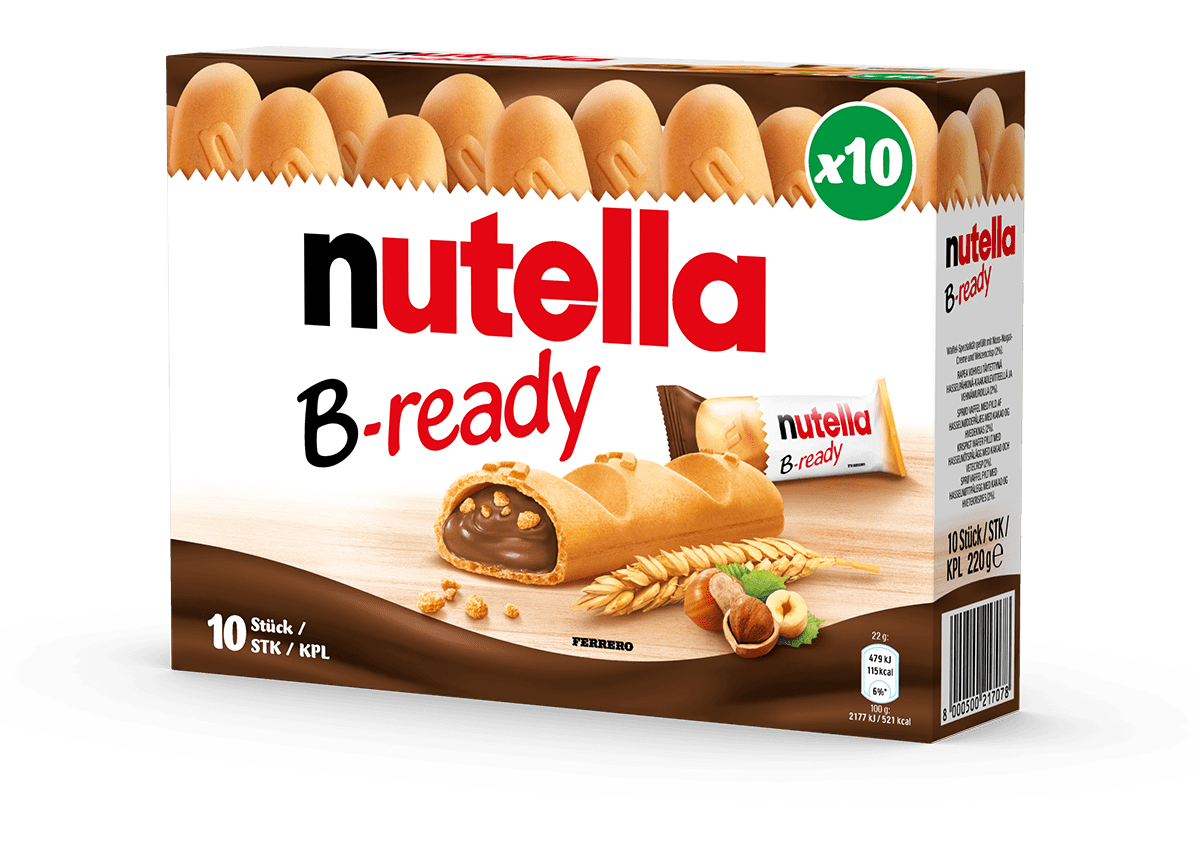 Barre Nutella B‑Ready posée sur fond blanc, texture croustillante visible.