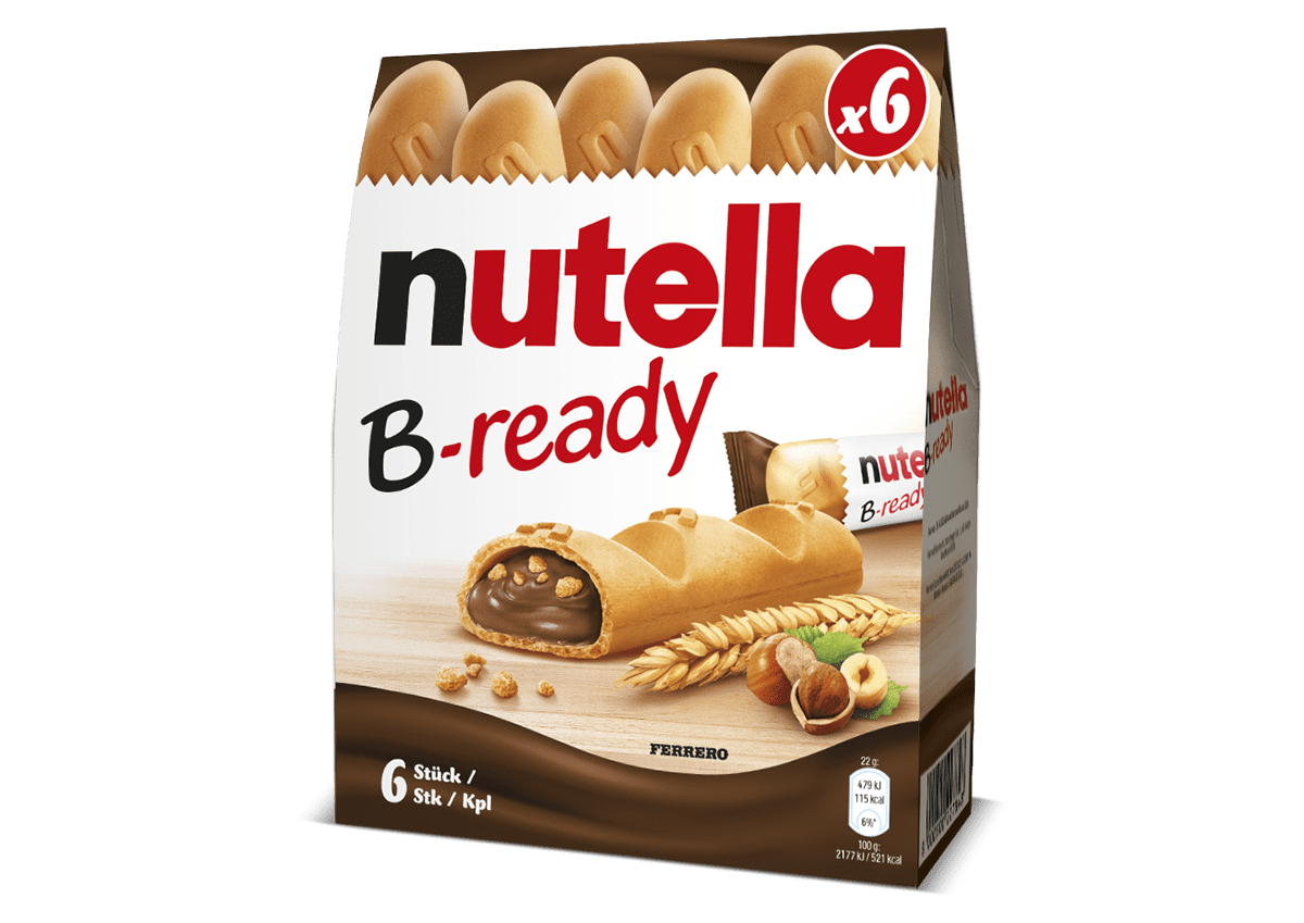 Rendu 3D du produit Nutella B‑Ready avec plusieurs emballages visibles.