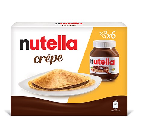 Un paquet de crêpes Nutella montrant une assiette de crêpes pliées avec une garniture de Nutella. Un pot de Nutella est en arrière-plan.
