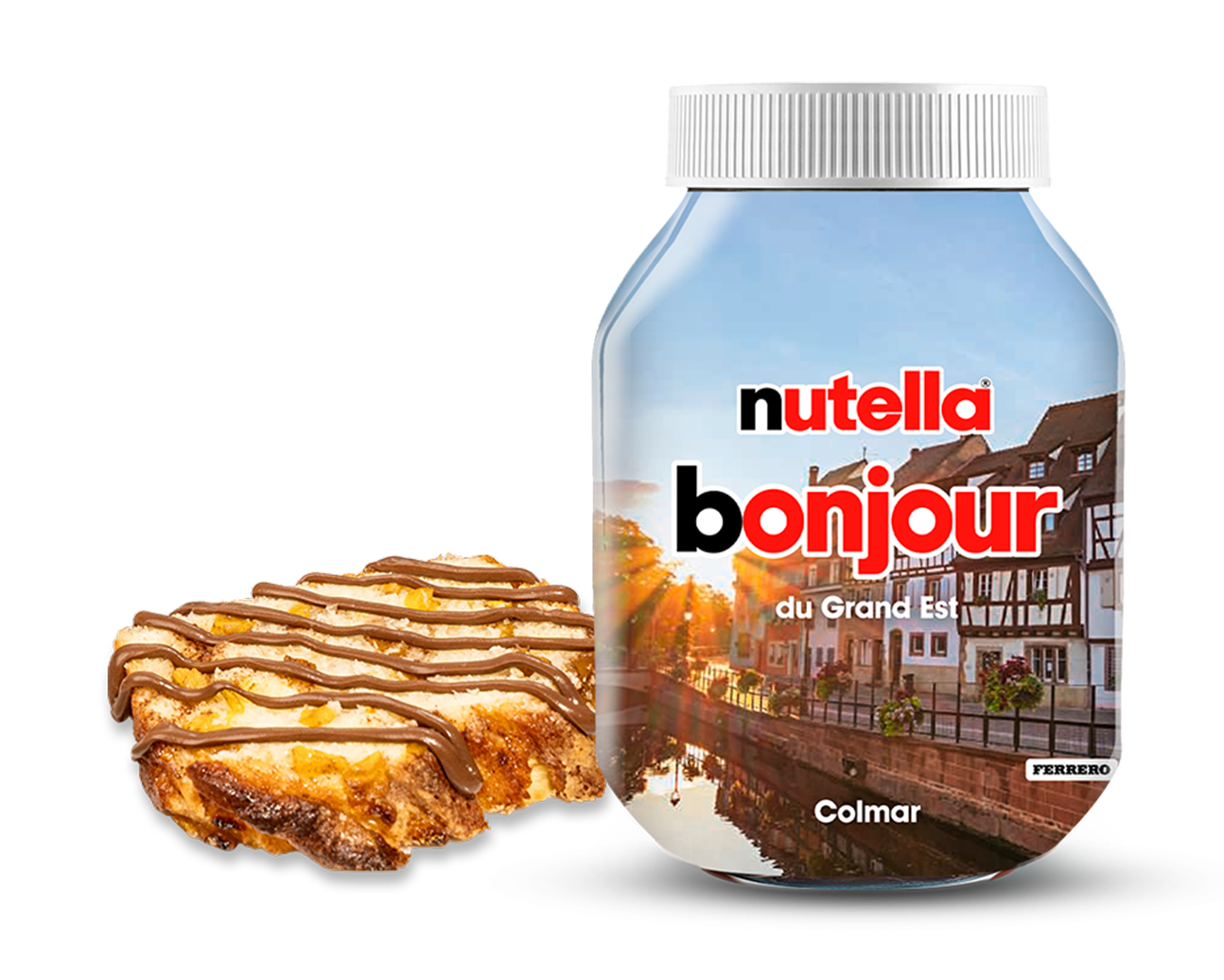 Un pot de Nutella avec une étiquette personnalisée indiquant "Nutella Bonjour du Grand Est - Colmar", avec une vue pittoresque de maisons à colombages traditionnelles le long d’un canal au coucher du soleil. À côté du pot, une pâtisserie feuilletée nappée de Nutella.