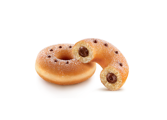 Beignet glacé coloré nappé de Nutella et vermicelles.