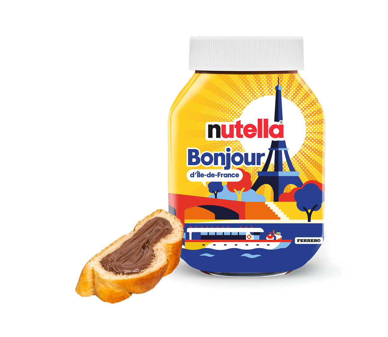 Un pot de Nutella avec une étiquette personnalisée indiquant "Nutella Bonjour du Grand Est - Colmar", avec une vue pittoresque de maisons à colombages traditionnelles le long d’un canal au coucher du soleil. À côté du pot, une pâtisserie feuilletée nappée de Nutella.