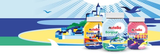 Visuel estival promotionnel Nutella: pancakes, fruits et ambiance estivale.