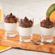 Greek yogurt with homemade granola drizzled generously with Nutella.