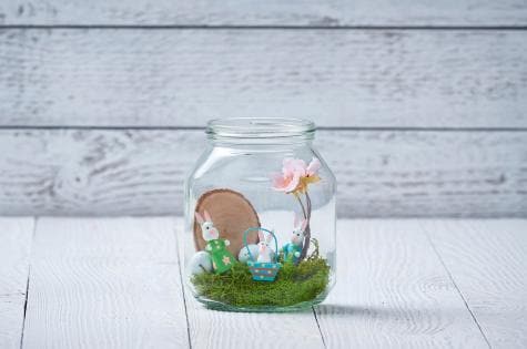 Nutella Easter jar craft step showing decorative assembly.