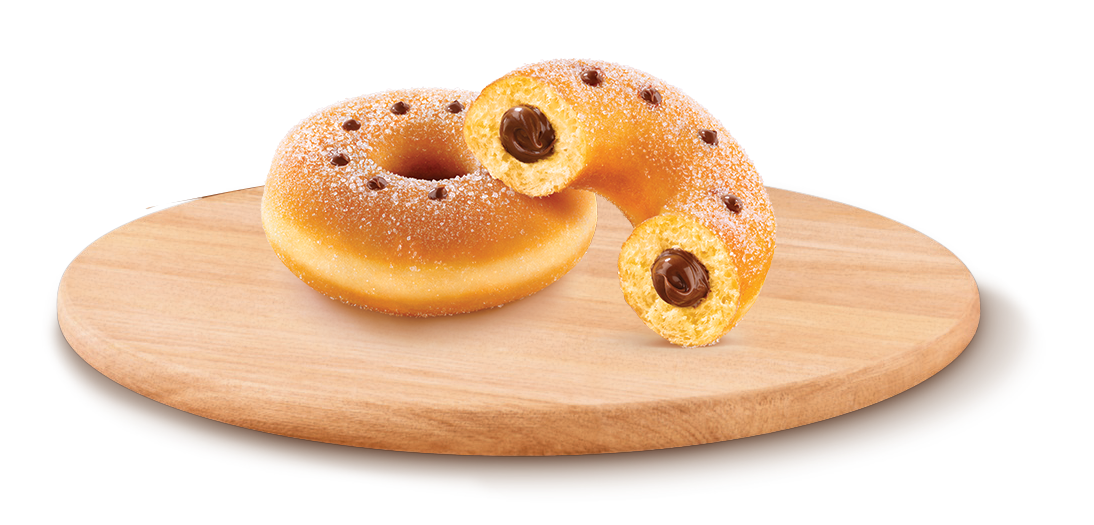 Two nutella filled donuts, one whole and one halved on top of a circular wooden chopping board.