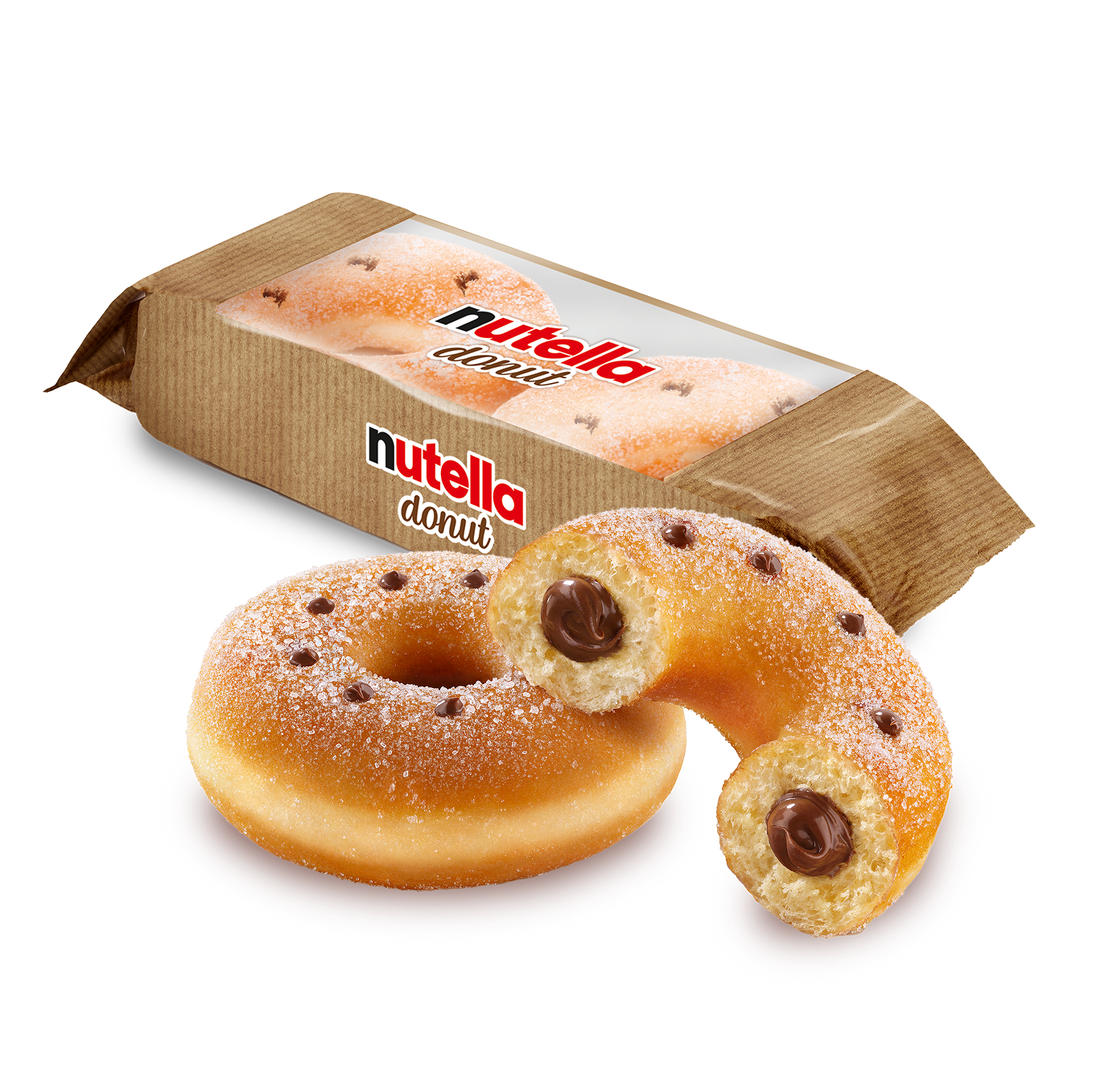 A packet of nutella donuts in the background, with a whole Nutella donut & half a Nutella donut, revealing the creamy Nutella inside.