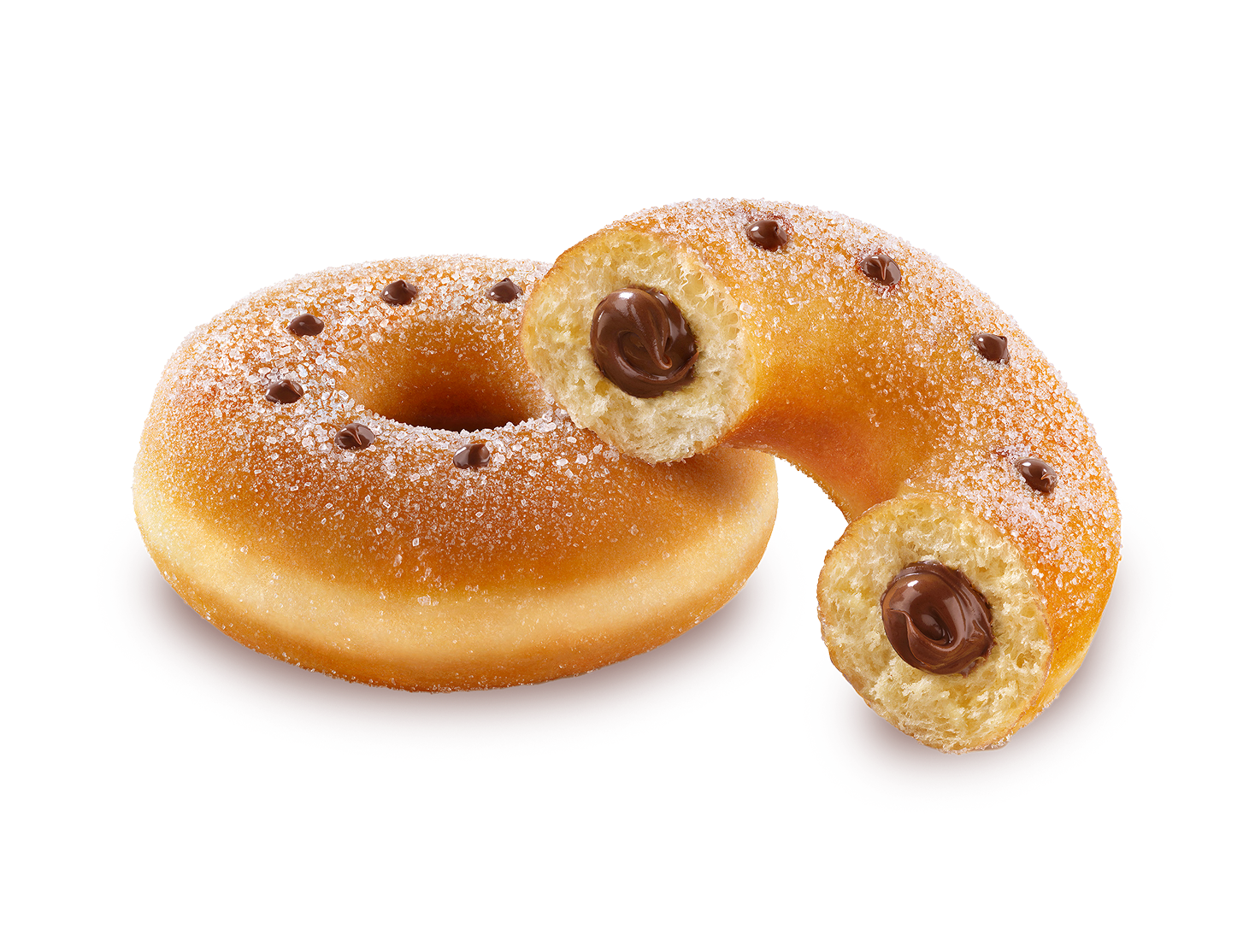 Two sugar-coated doughnuts with chocolate fillings are placed on a plain background. One doughnut is whole, while the other is halved, revealing the creamy Nutella inside.