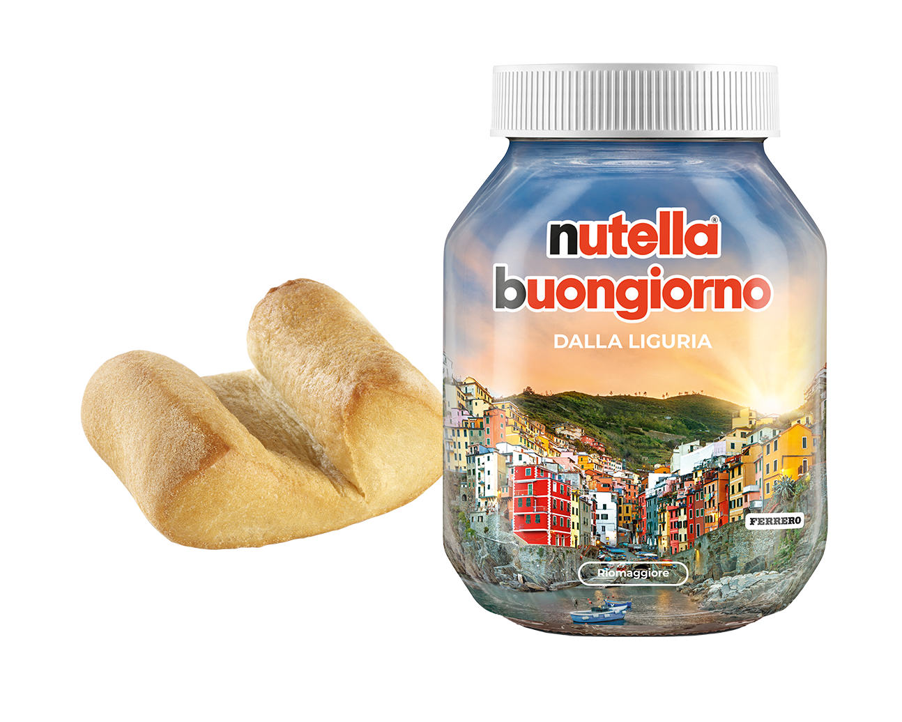 Un barattolo di Nutella con confezione speciale che riporta la scritta "nutella buongiorno Dalla Liguria" e mostra un colorato villaggio costiero della Liguria. Accanto al barattolo c’è un pezzo di pane o pasta da forno.