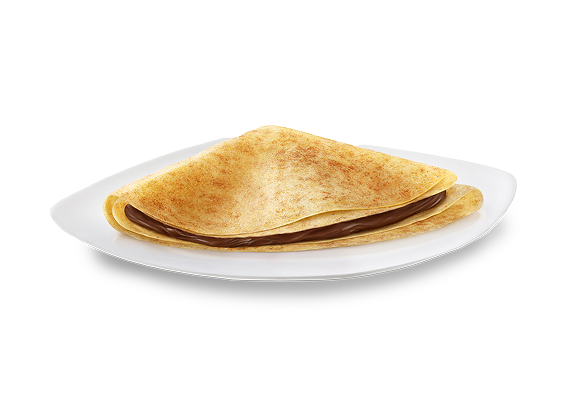 Crepe dorata ripiena di crema alla nocciola, arrotolata e decorata.