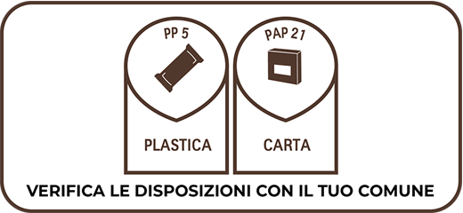 Simbolo riciclo specifico per confezione biscotti, istruzioni smaltimento imballaggio.