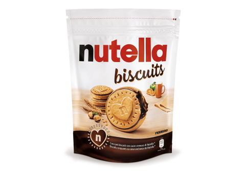 Pouch richiudibile Nutella per porzioni singole, etichetta frontale ben visibile.