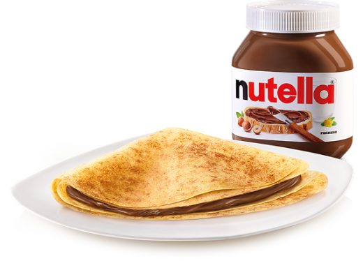 Vasetto Nutella affiancato a crepe ripiena, presentazione ricetta per colazione gustosa.