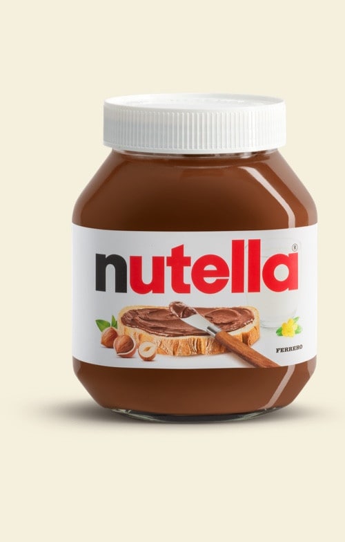 Nutella jar front view on light background, clear product image.