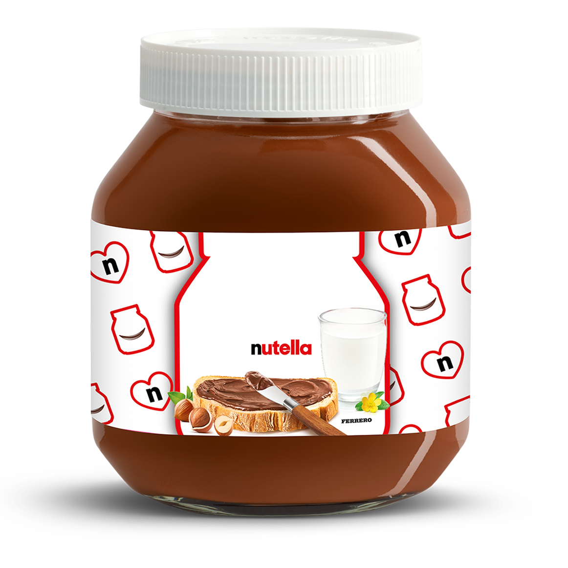 Tarro de Nutella® con 'sonríe, tú eres', junto a las opciones de mensaje para personalizar: 'extraordinario', 'perfecto', 'especial', 'amoroso', 'dulce', 'valiente'.