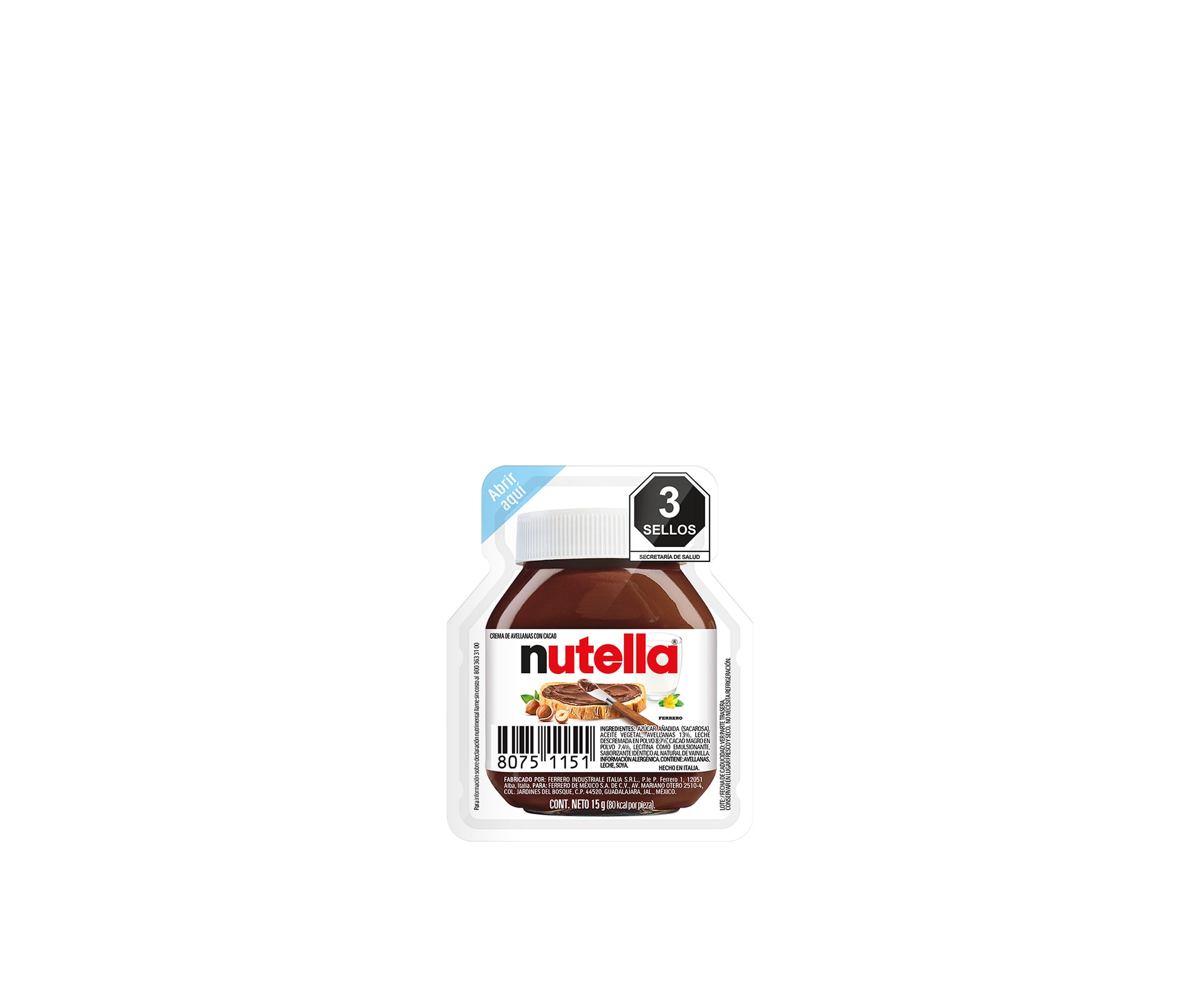 Tarro de Nutella 15 g, vista frontal con etiqueta visible.