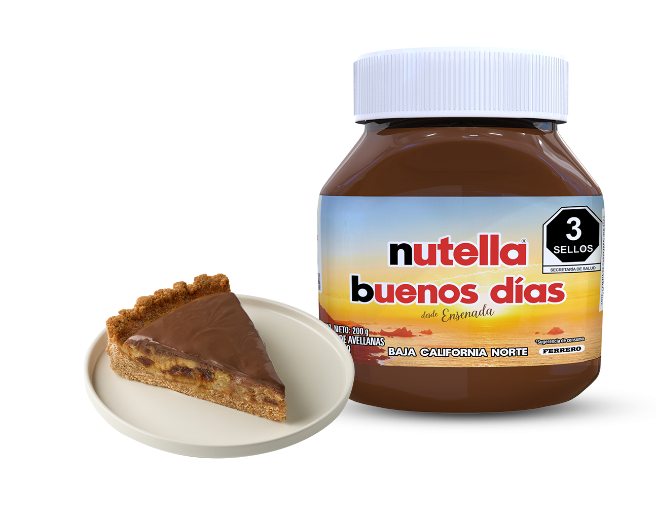 Un frasco de Nutella con la etiqueta "Buenos días" y un fondo escénico, junto a un plato con una rebanada de pastel de chocolate.