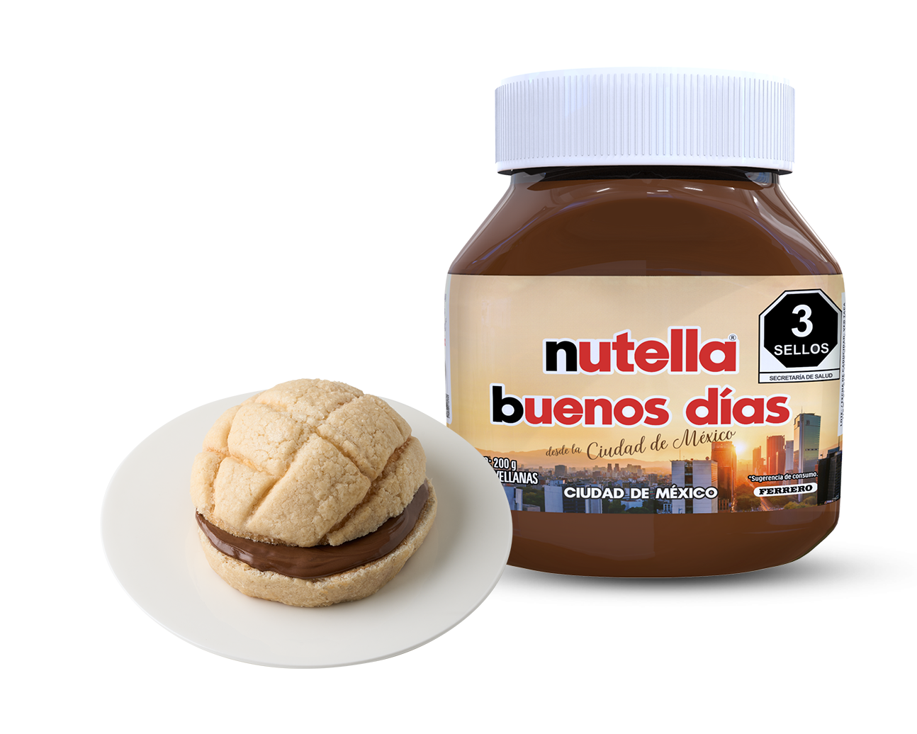 Un frasco de Nutella con una etiqueta que dice "Buenos días" y un horizonte de una ciudad, junto a una concha llena de Nutella en un plato