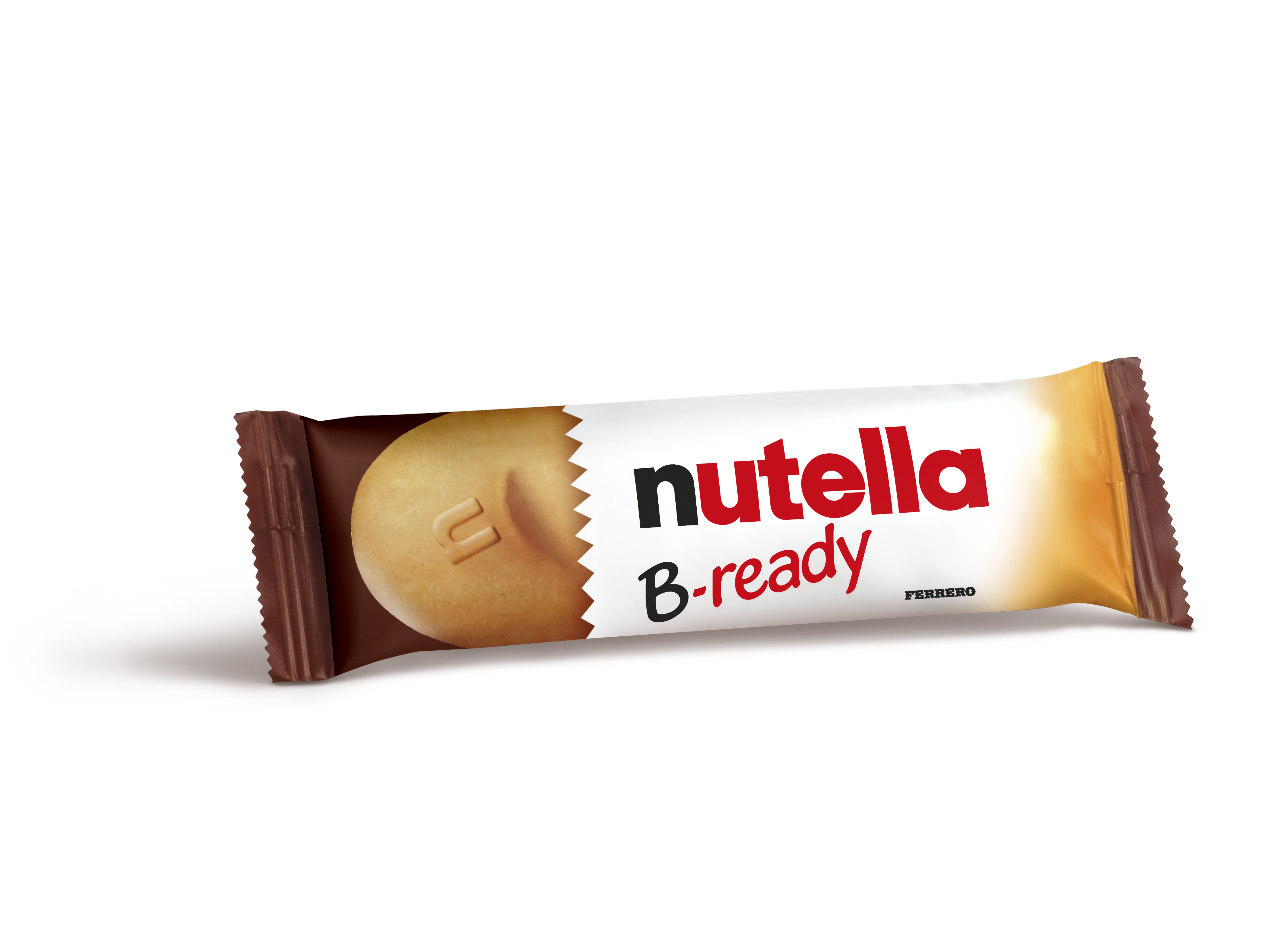 Nutella B-Ready chocolate wafer bar, packaged product front view on white background.