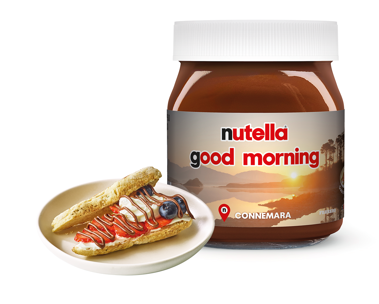 A jar of Nutella with good morning on the label, set against a sunrise landscape. In front, a plate holds two pieces of toast topped with Nutella, sliced fruit, and a blueberry.