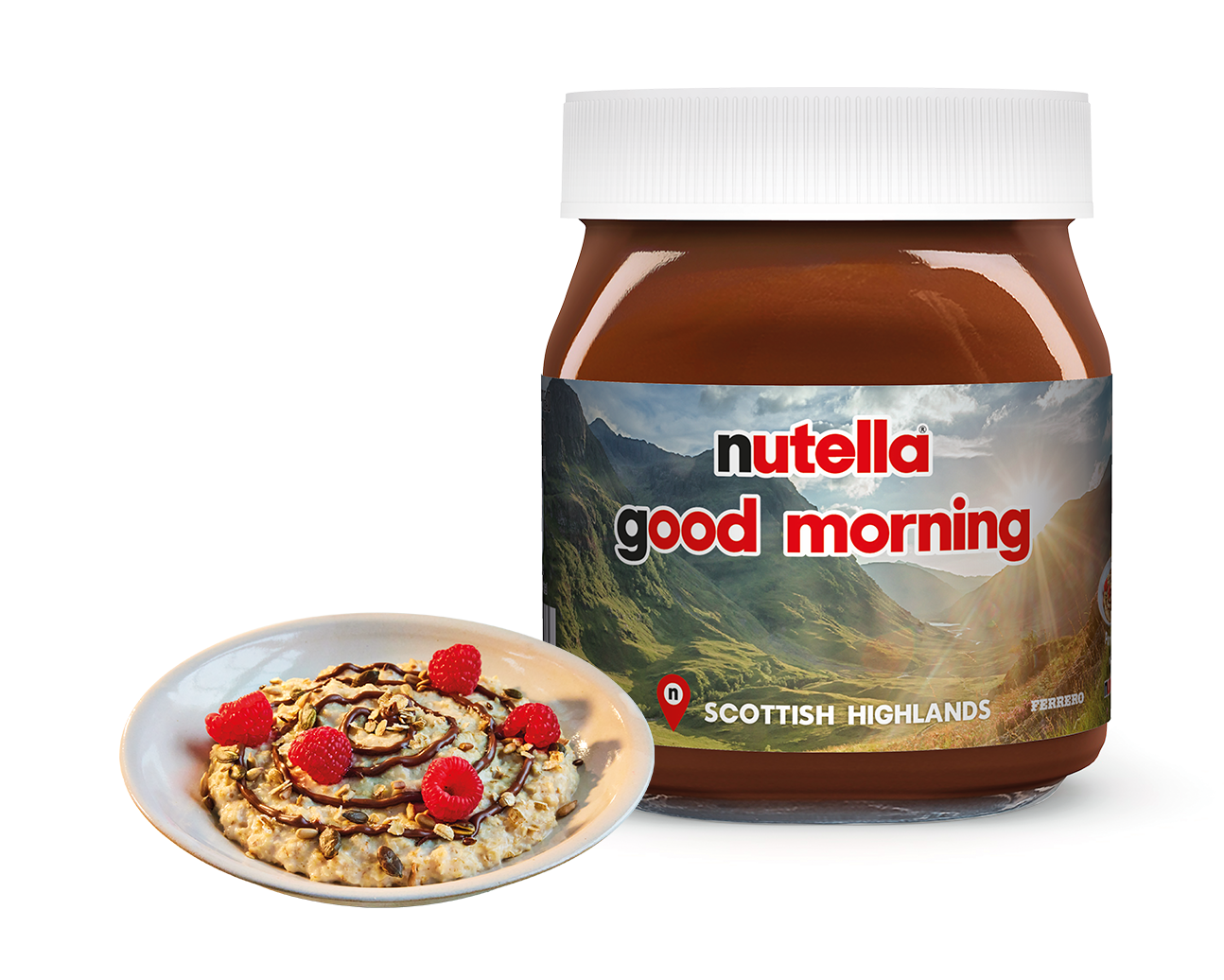 A jar of Nutella with a Scottish Highlands landscape on the label reads good morning. Beside it is a plate of pancakes topped with Nutella, raspberries, and a sprinkle of nuts.