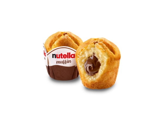 Chocolate-filled Nutella muffin on white background, studio product shot.