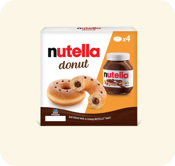 Donut topped with Nutella spread and powdered sugar on white plate.