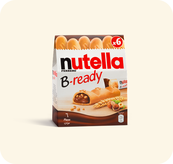 Nutella B-Ready crunchy biscuit snack bar with chocolate-hazelnut filling packaging.