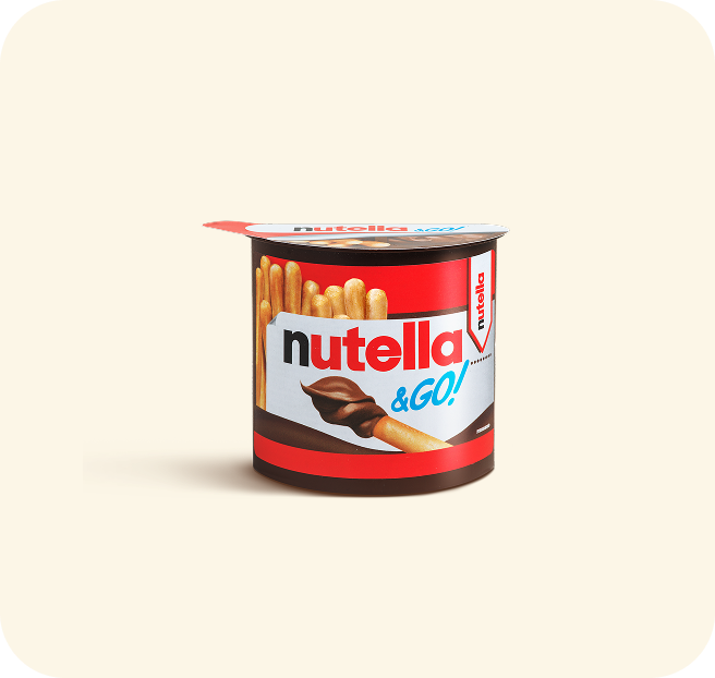 Nutella Nut-Go snack cup with hazelnut topping and small spoon.