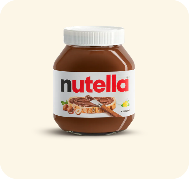 Glass jar of Nutella chocolate-hazelnut spread with branded white lid.