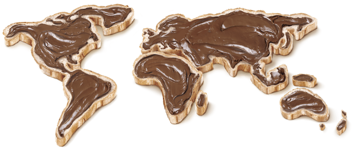 Image of a world map in two parts made from bread, with continents filled in with Nutella