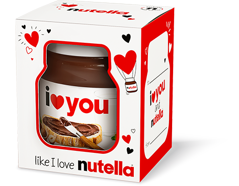 Mini Nutella travel jar labeled "I love you" on white background.