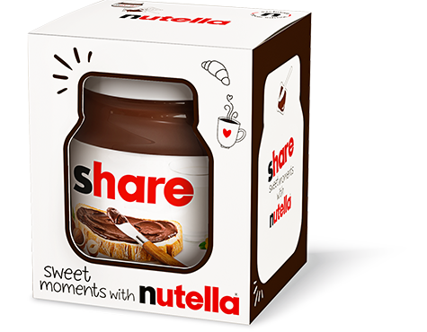 Mini Nutella travel jar labeled "Share" with small spoon beside it.