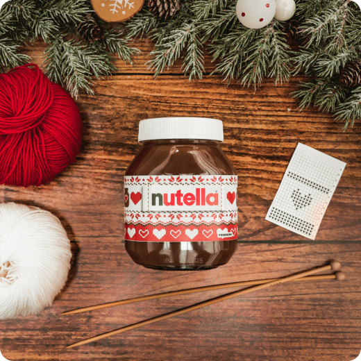 Small Nutella gift box mockup with jar and decorative ribbon.