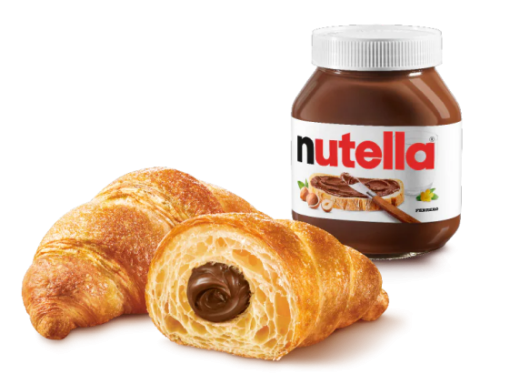 Two croissants are displayed on a light-coloured background. One croissant is whole, while the other is cut open, revealing a Nutella filling. Behind them, a jar of Nutella is displayed