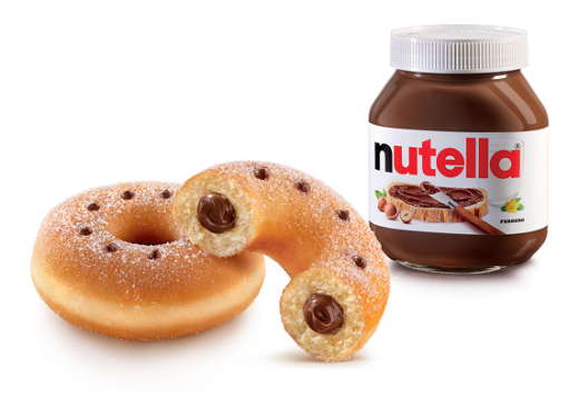 Close-up of two Nutella-filled donuts, one whole and one cut to show the Nutella filling, placed beside a jar of Nutella.