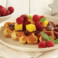 Waffles with NUTELLA®  hazelnut spread, Mango and Raspberries