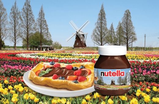 Promotional Nutella webpage graphic with jar, toast and breakfast props